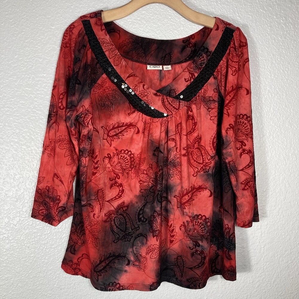 Y2K Top Womens L Floral Velvet Burnout Sequins Red Black Whimsigoth Vibrant Fire